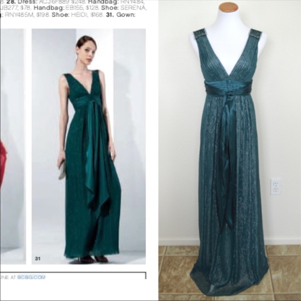 BCBG Max Azria Silk Green Metallic Formal Gown